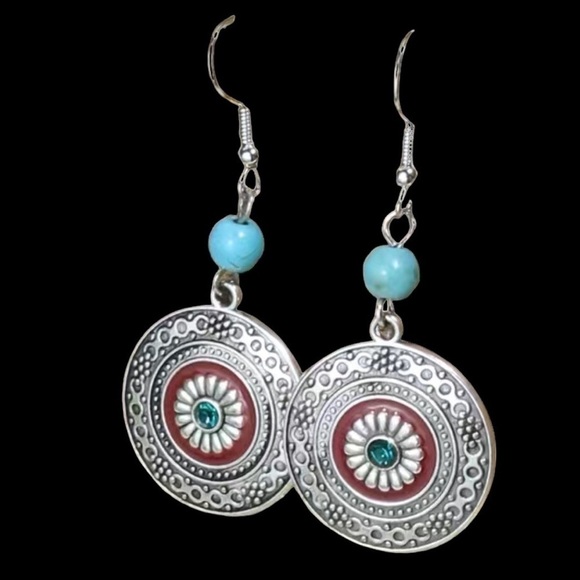 Boho Western Chic Dangle Drop Earrings Pierced Antique Silver Red Turquoise - Picture 2 of 16